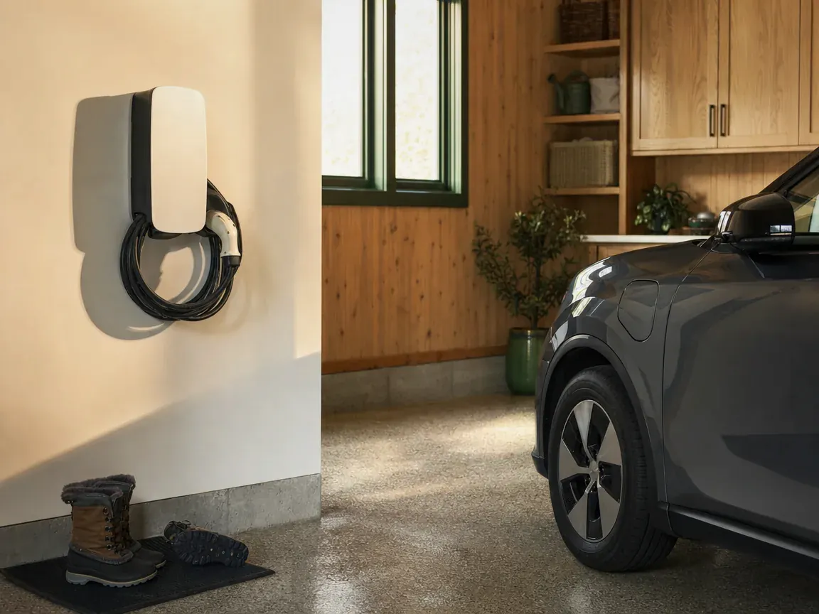 Une borne de recharge murale branchée à une voiture électrique dans le garage d'une maison du Québec.