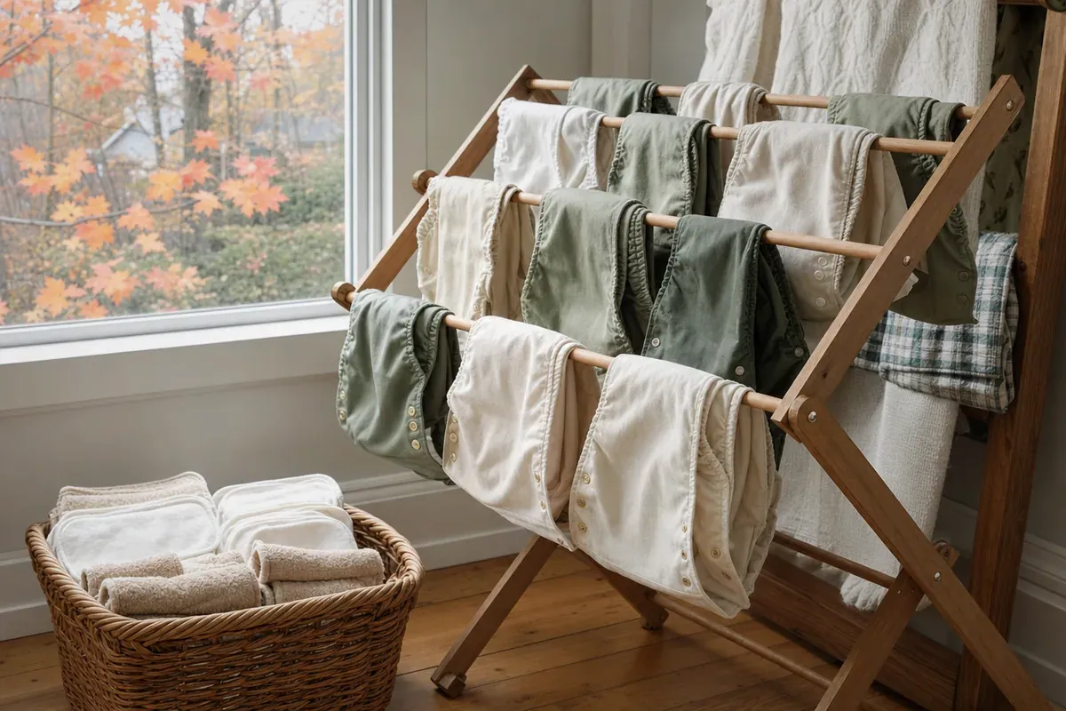 Couches lavables qui sèchent sur un séchoir dans une maison, un achat visé par la subvention couches lavables des villes du Québec.