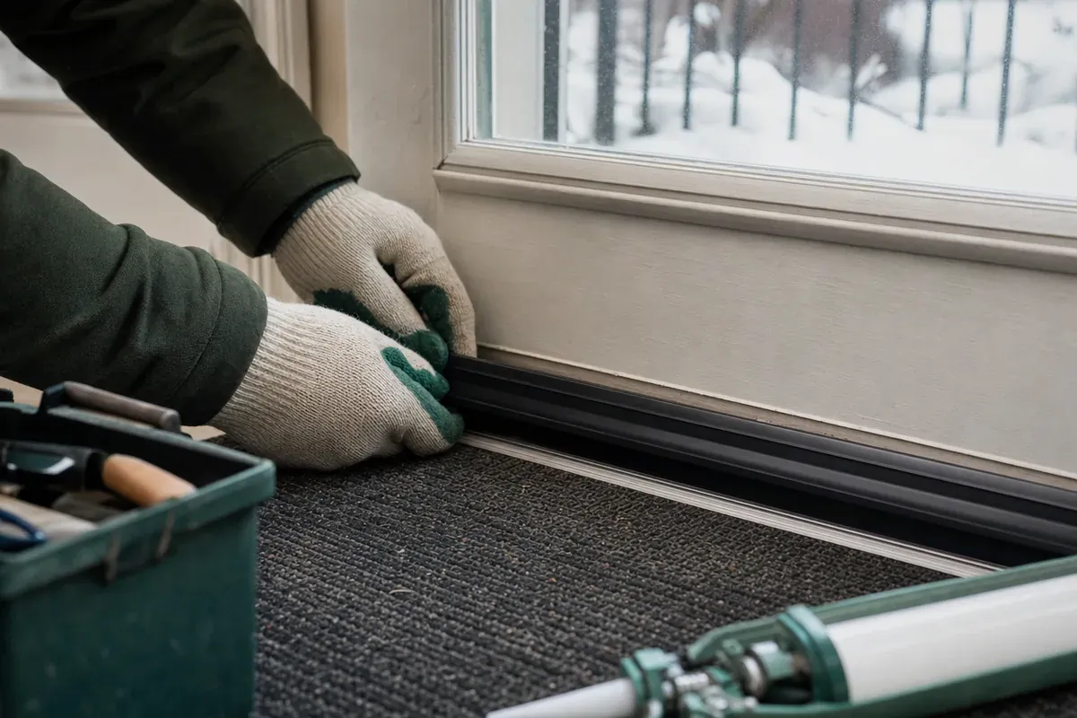 Coupe-froid posé au bas d'une porte d'entrée en hiver, un des petits travaux d'Éconologis.
