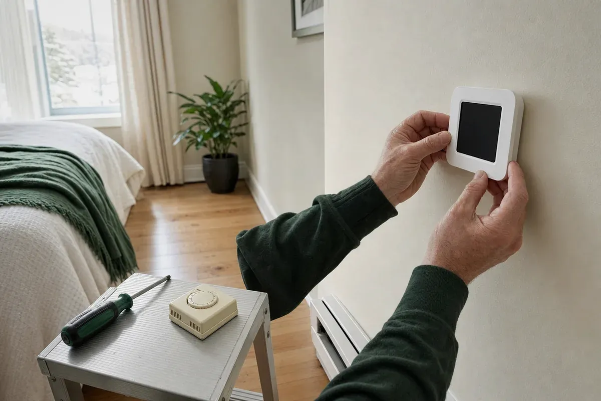 Maître électricien qui pose un thermostat intelligent au-dessus d'une plinthe, une étape pour obtenir la subvention thermostat.