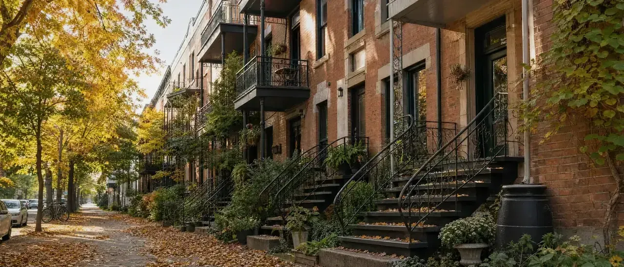 Triplex de Montréal avec ses escaliers extérieurs et un baril de pluie, un immeuble visé par les subventions de Montréal comme RénoPlex