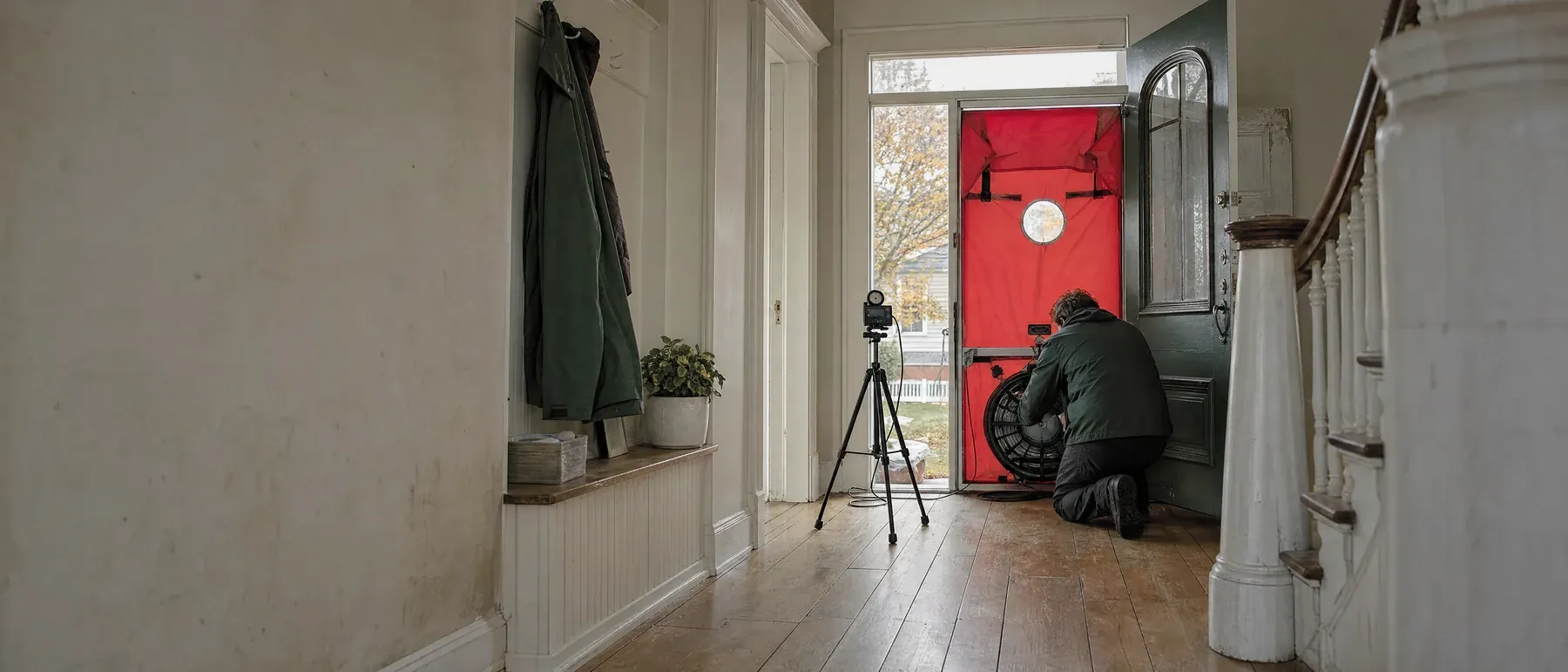 Conseiller Rénoclimat qui fait le test d'infiltrométrie d'une maison pendant l'évaluation énergétique.