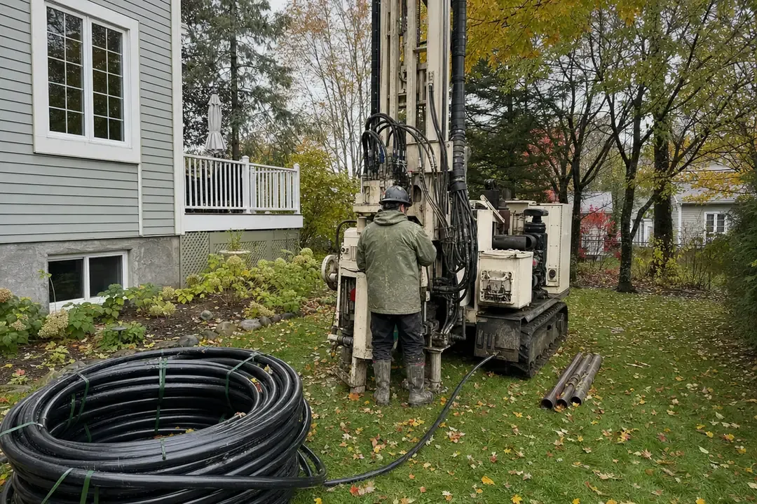 Forage d'un puits géothermique dans la cour d'une maison, une étape exigée pour la subvention géothermie au Québec.