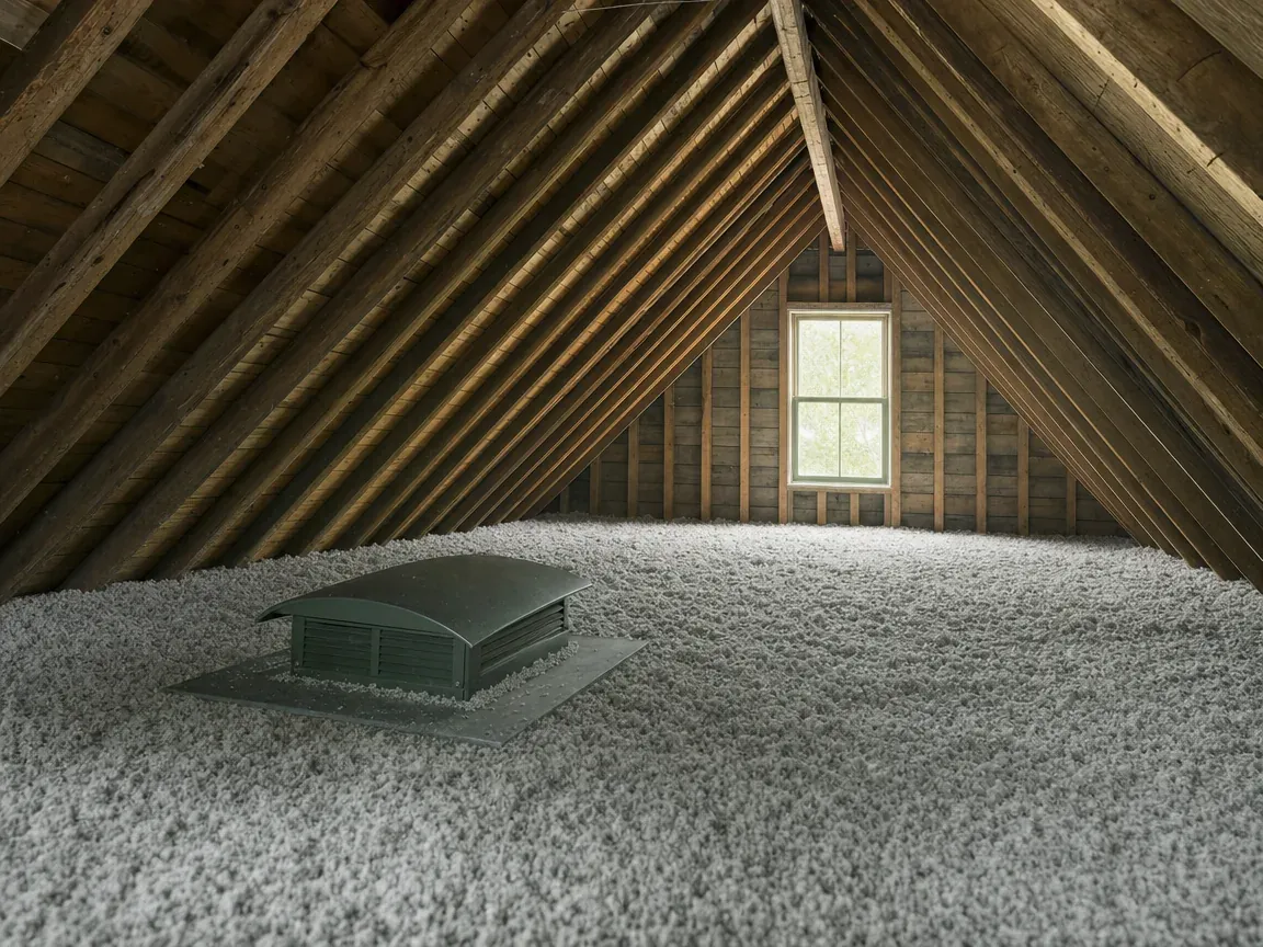 Laine soufflée ajoutée dans le grenier d'une maison, des travaux admissibles à une subvention pour l'isolation.