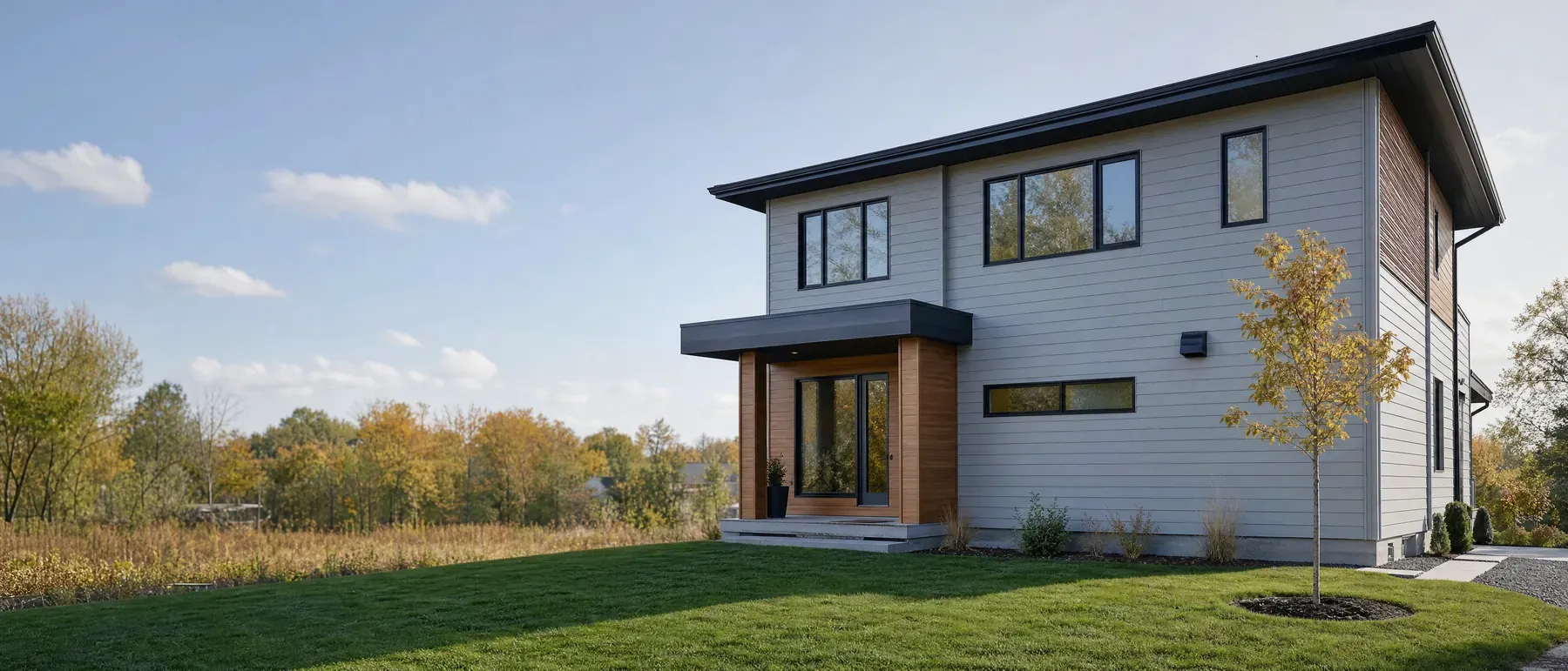 Maison neuve homologuée Novoclimat dans un quartier du Québec.