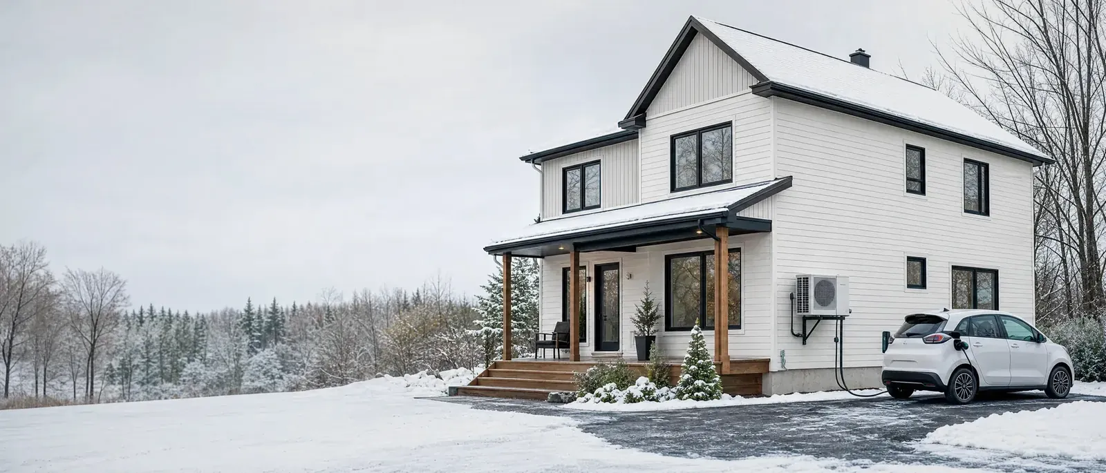 Maison québécoise en début d'hiver avec une thermopompe murale et une auto électrique à la borne, des travaux visés par les subventions vertes 2026
