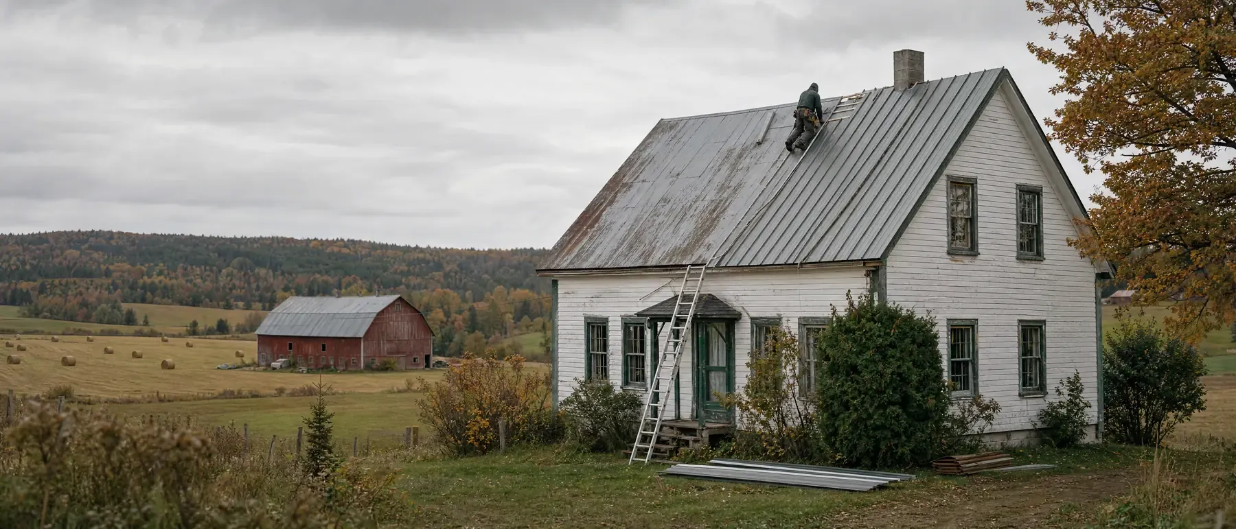 Réparation de la toiture d'une maison en milieu rural, des travaux admissibles à RénoRégion.