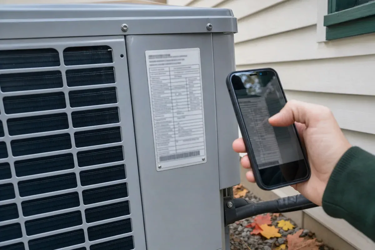 Plaque signalétique sur l'appareil extérieur d'une thermopompe, où se lit le numéro de modèle demandé par LogisVert.