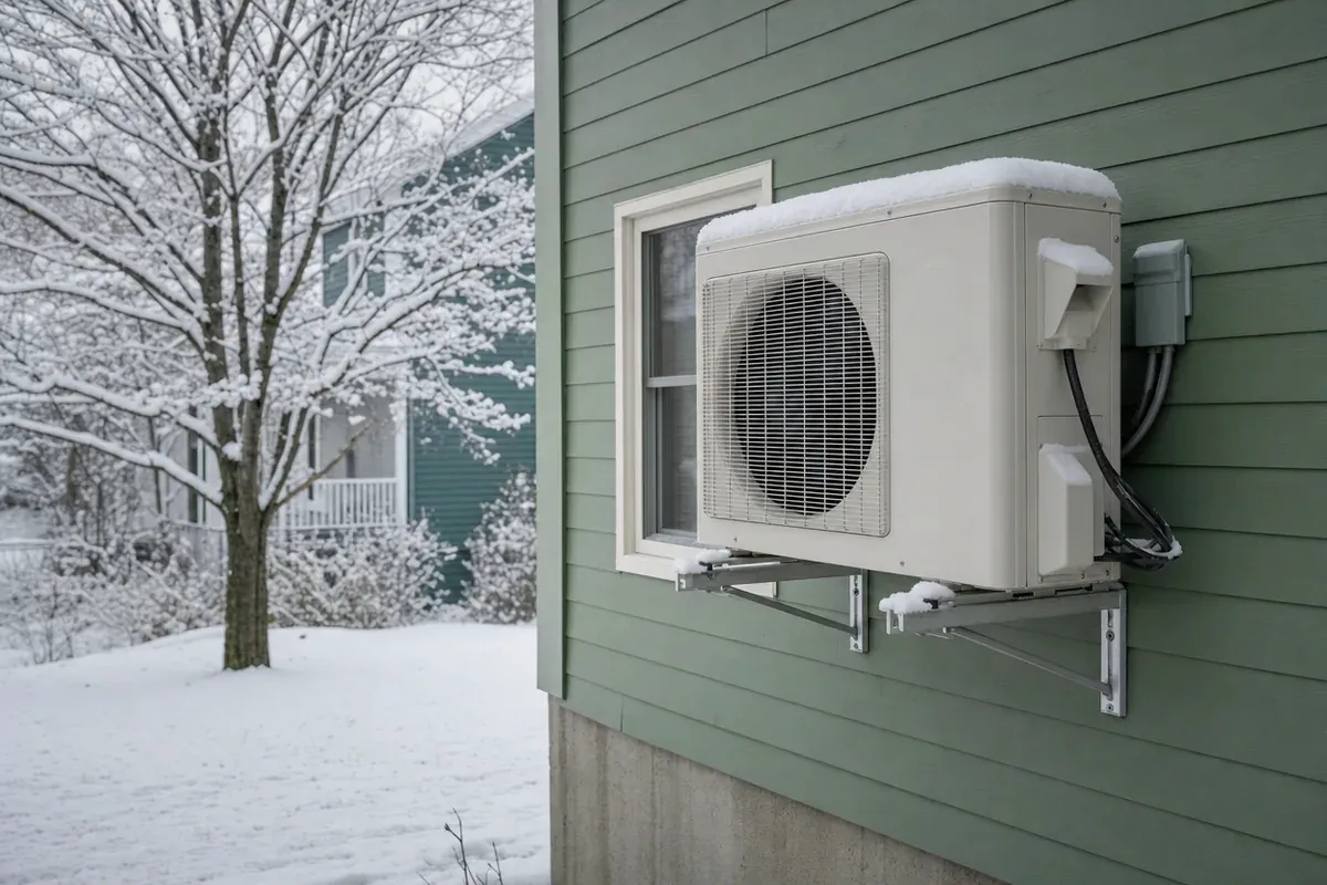 Appareil extérieur d'une thermopompe sous la neige, à côté d'une maison du Québec, un achat qui peut recevoir une subvention.