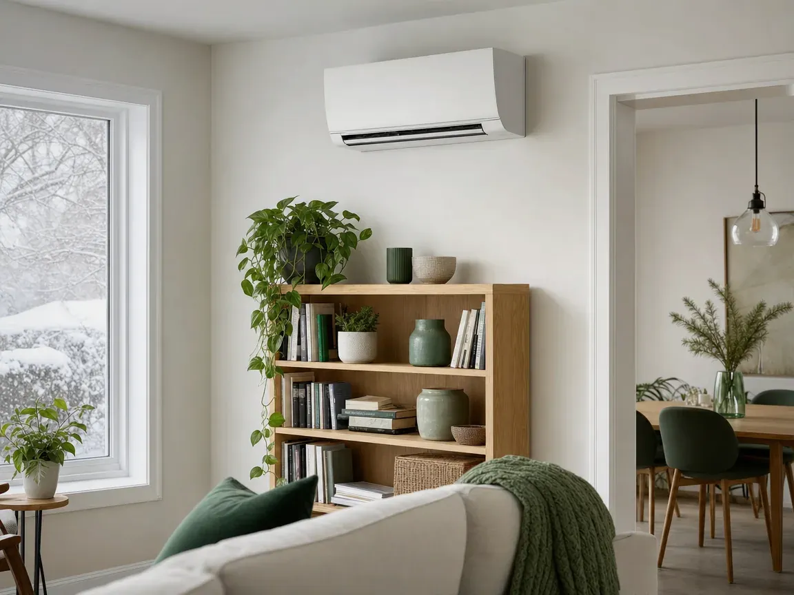 Thermopompe murale installée dans le salon d'une maison, un appareil payé en partie par LogisVert.