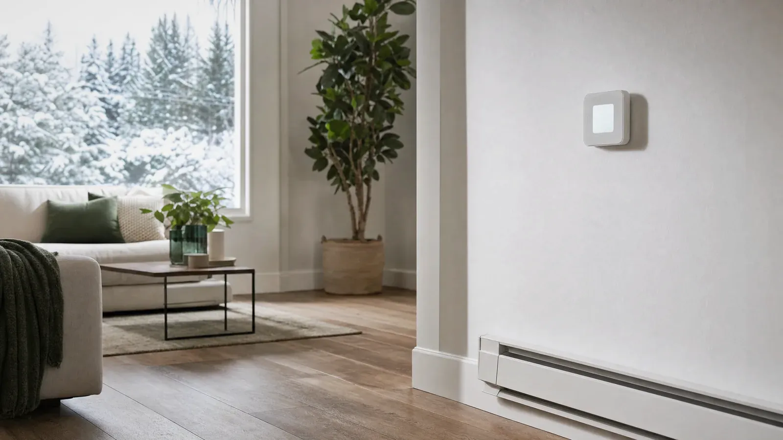 Thermostat intelligent au-dessus d'une plinthe électrique, comme ceux fournis par Hilo d'Hydro-Québec.