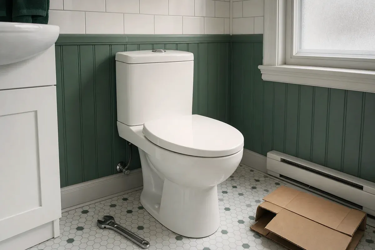 Toilette à faible débit et double chasse posée dans une salle de bain, un remplacement visé par la subvention toilette faible débit.