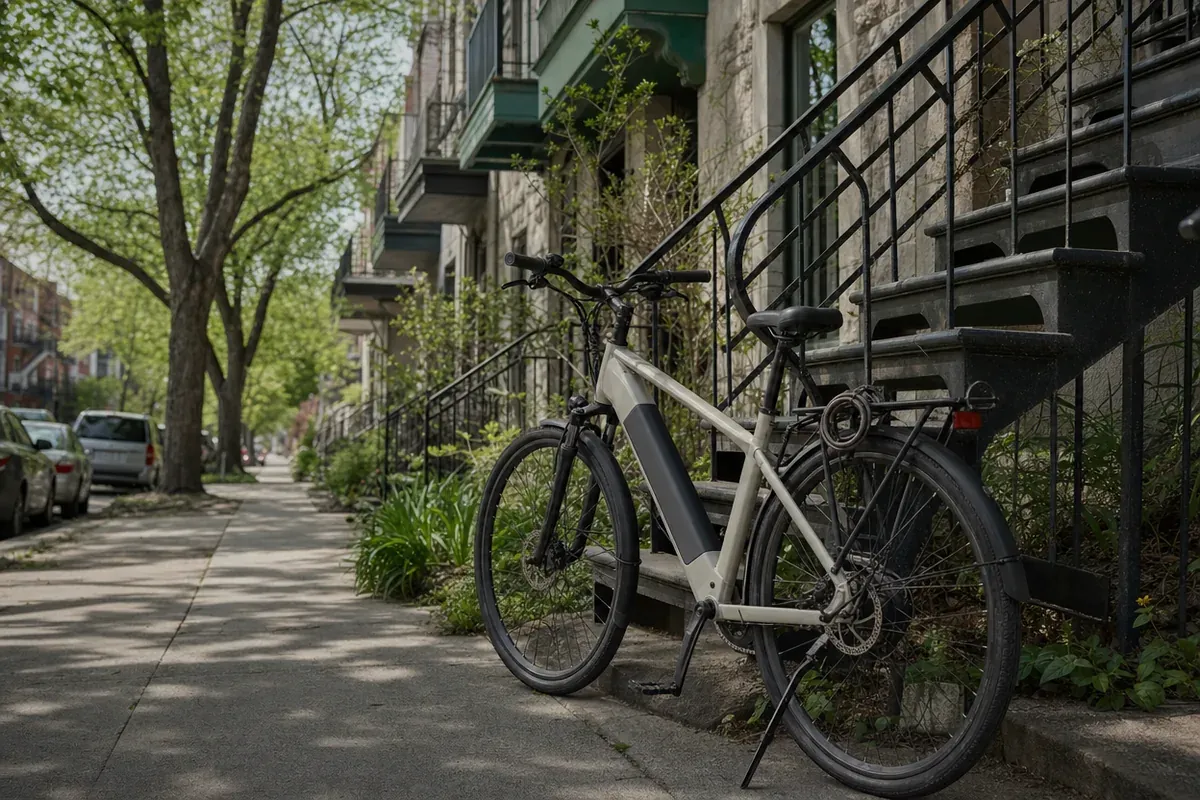 Vélo électrique appuyé contre un escalier de triplex, un achat que certaines villes aident avec une subvention vélo électrique au Québec.