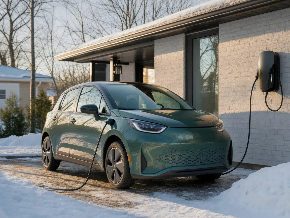 Une voiture électrique branchée à sa borne dans l'entrée enneigée d'une maison du Québec, achetée avec le rabais Roulez vert.