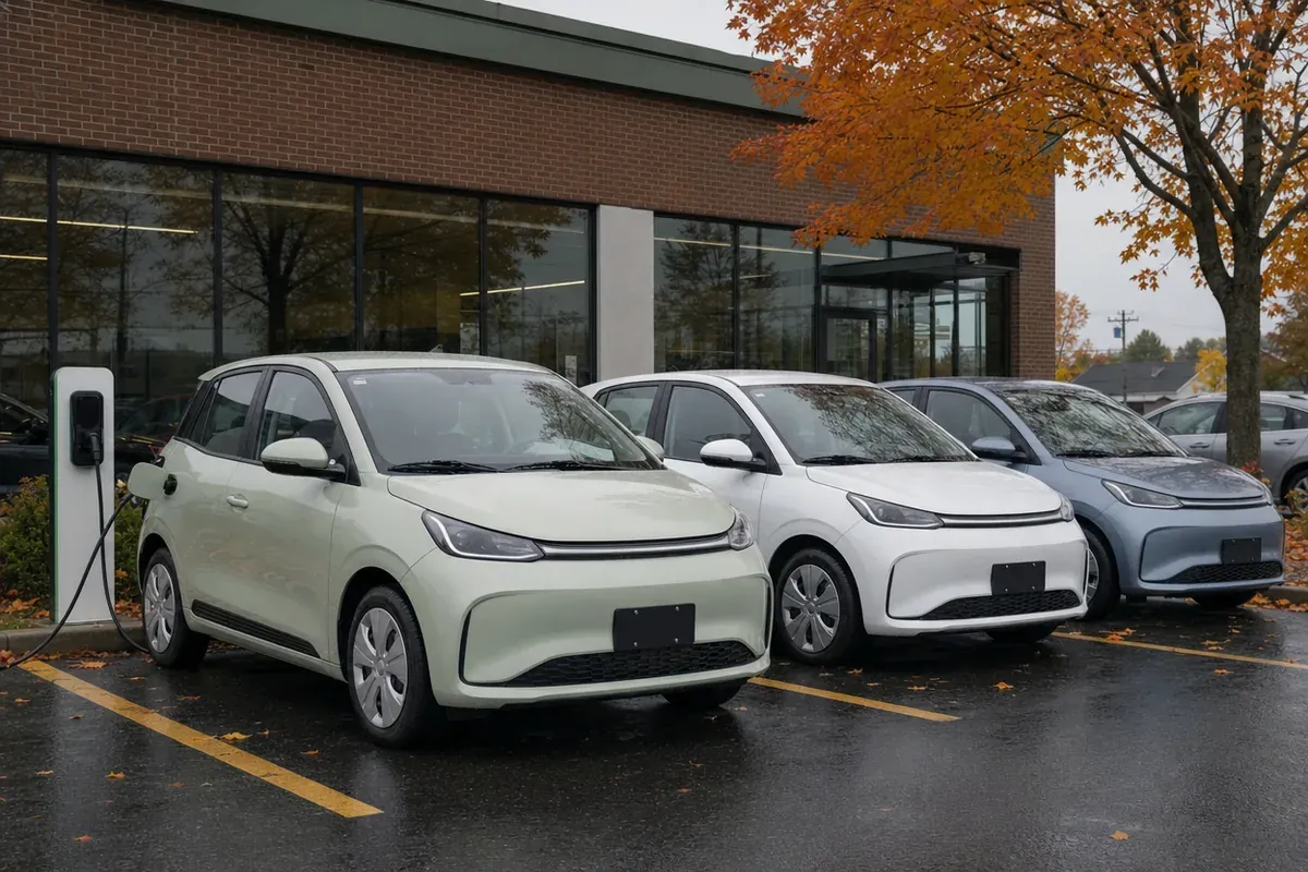 Des voitures électriques neuves dans le stationnement d'un concessionnaire du Québec, admissibles à une subvention véhicule électrique.